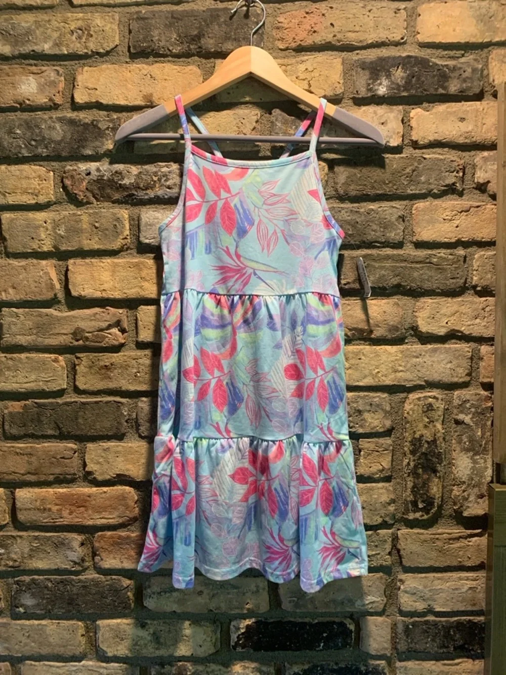 Girl's Tropical Leaf Print Sundress in Aqua and Pink size large NWT